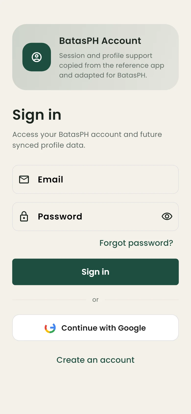 BatasPH sign-in screen with email, password, and Continue with Google options.