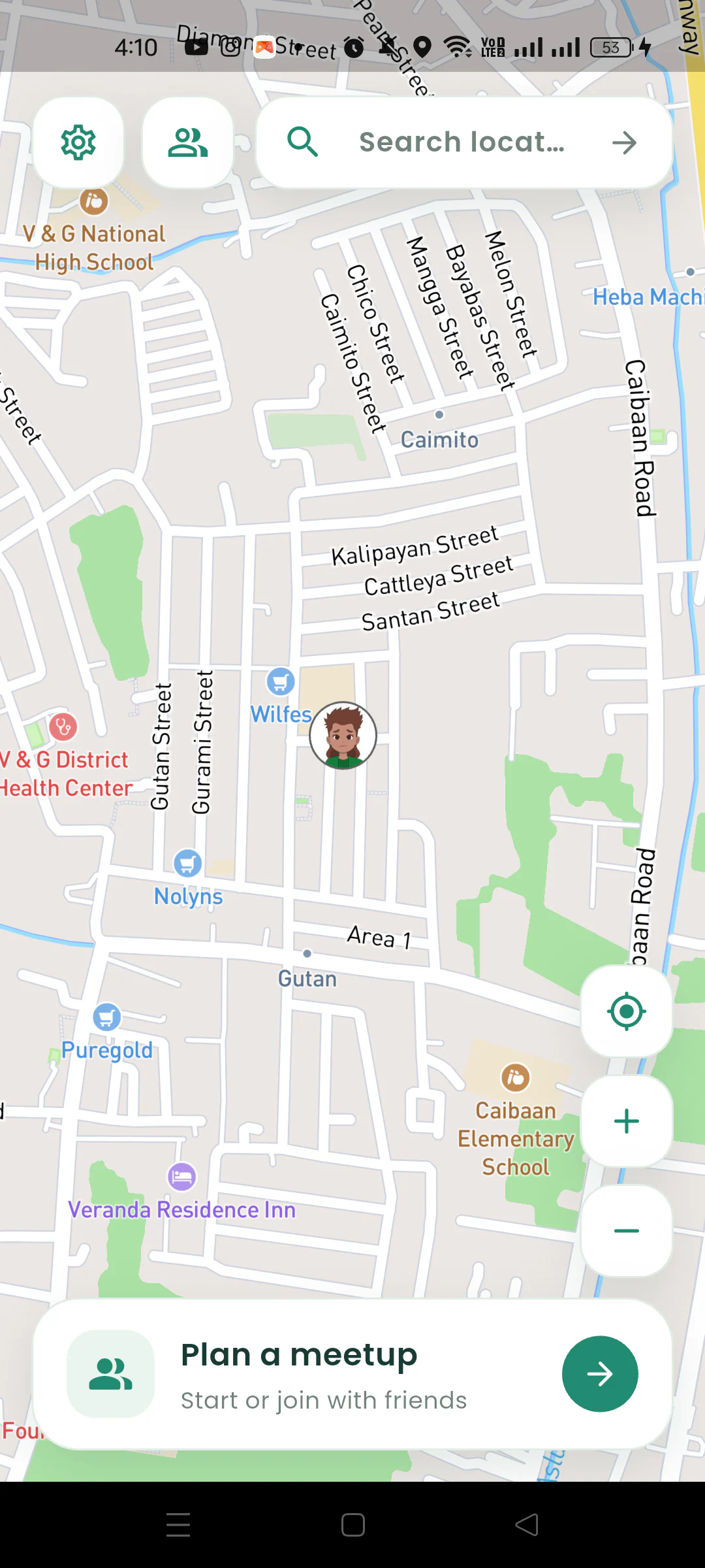 Nearby map showing the user's avatar and the Plan a meetup card.
