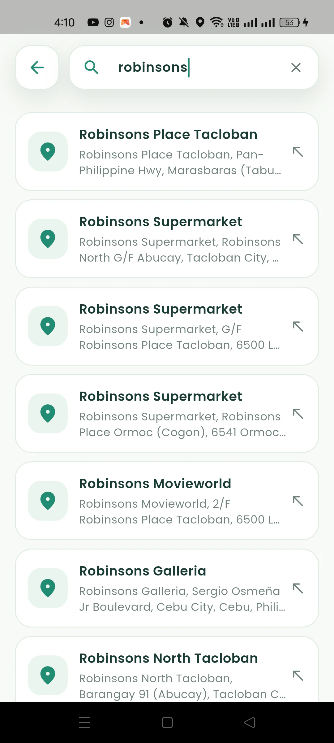 Nearby location search results showing several Robinsons destinations.