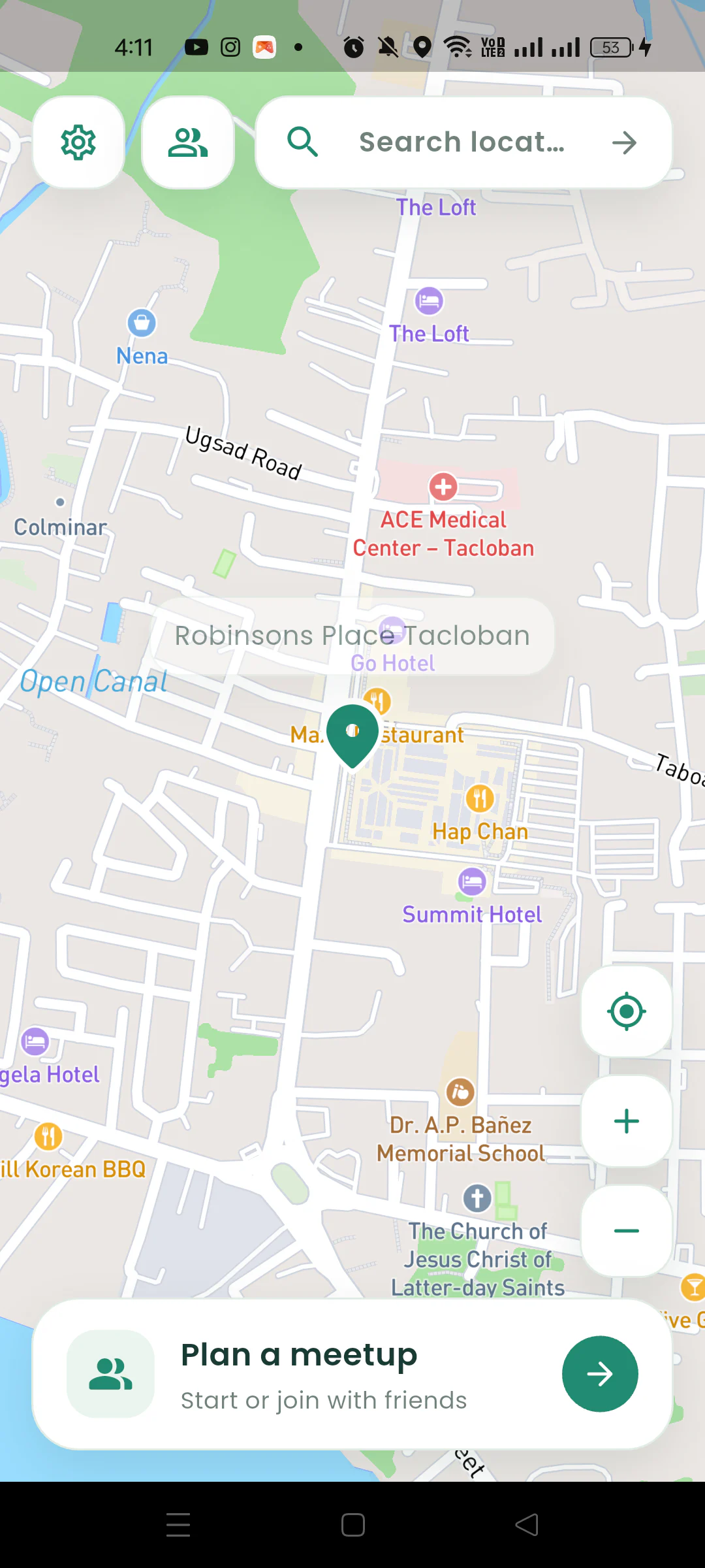Nearby map with a green meetup pin at Robinsons Place Tacloban.