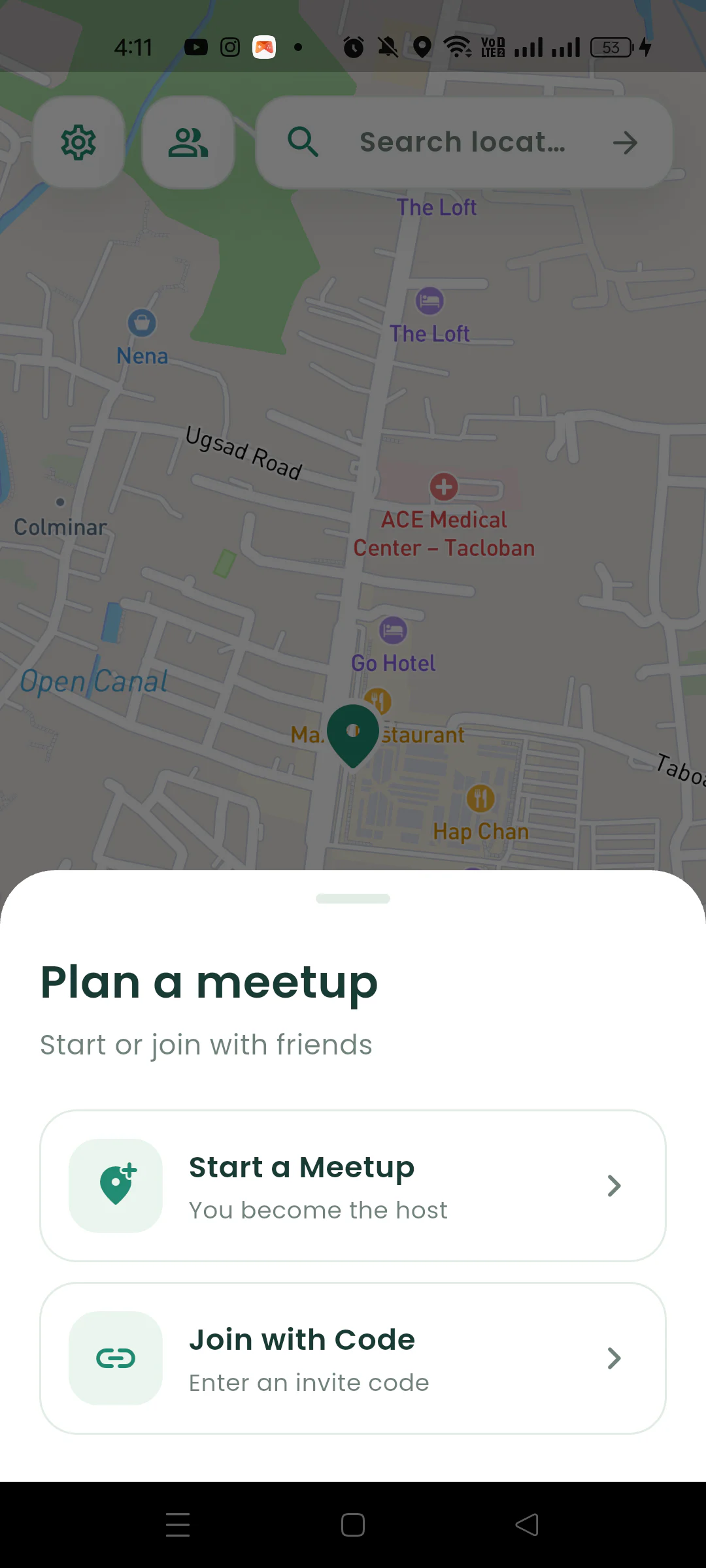 Nearby sheet offering Start a Meetup and Join with Code.