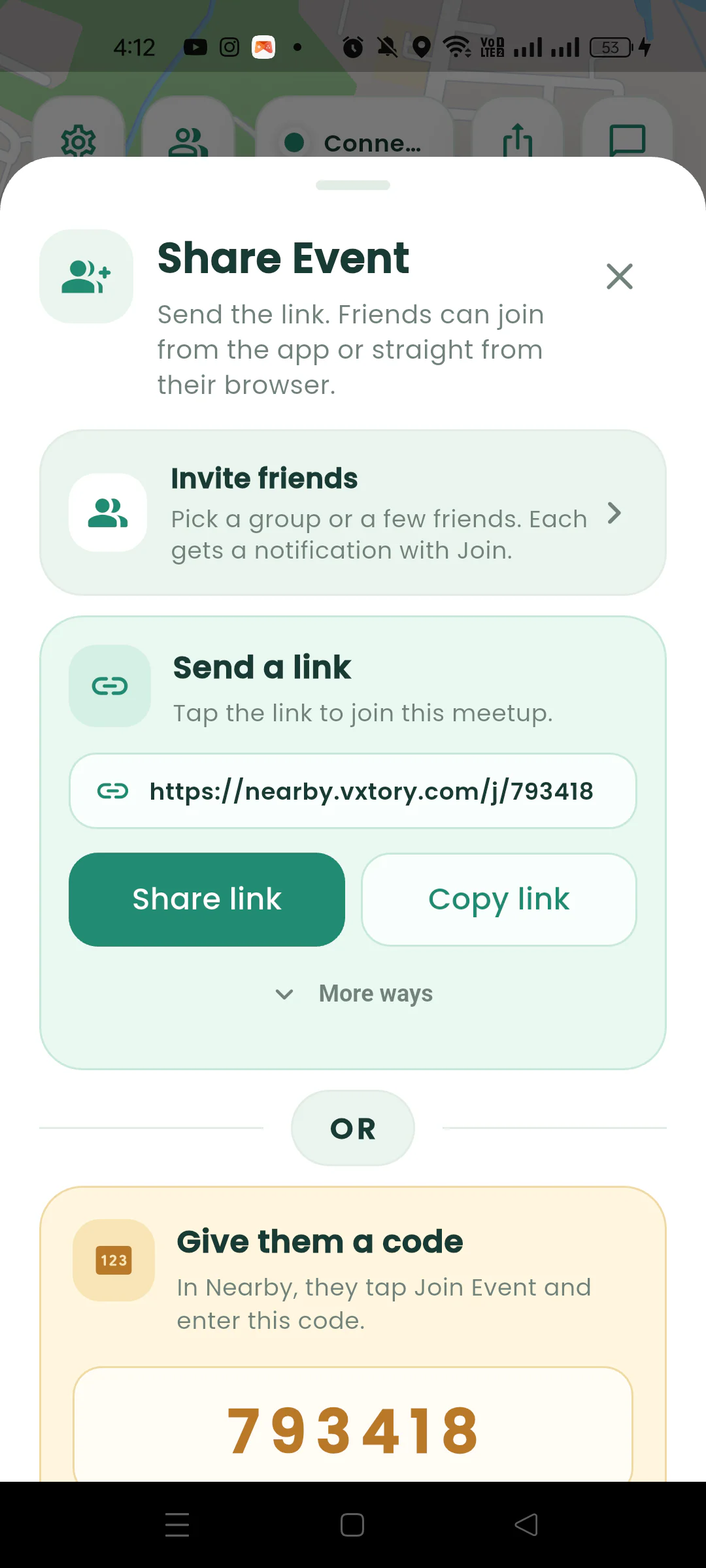 Nearby Share Event sheet with invite, link, copy, and meetup code options.