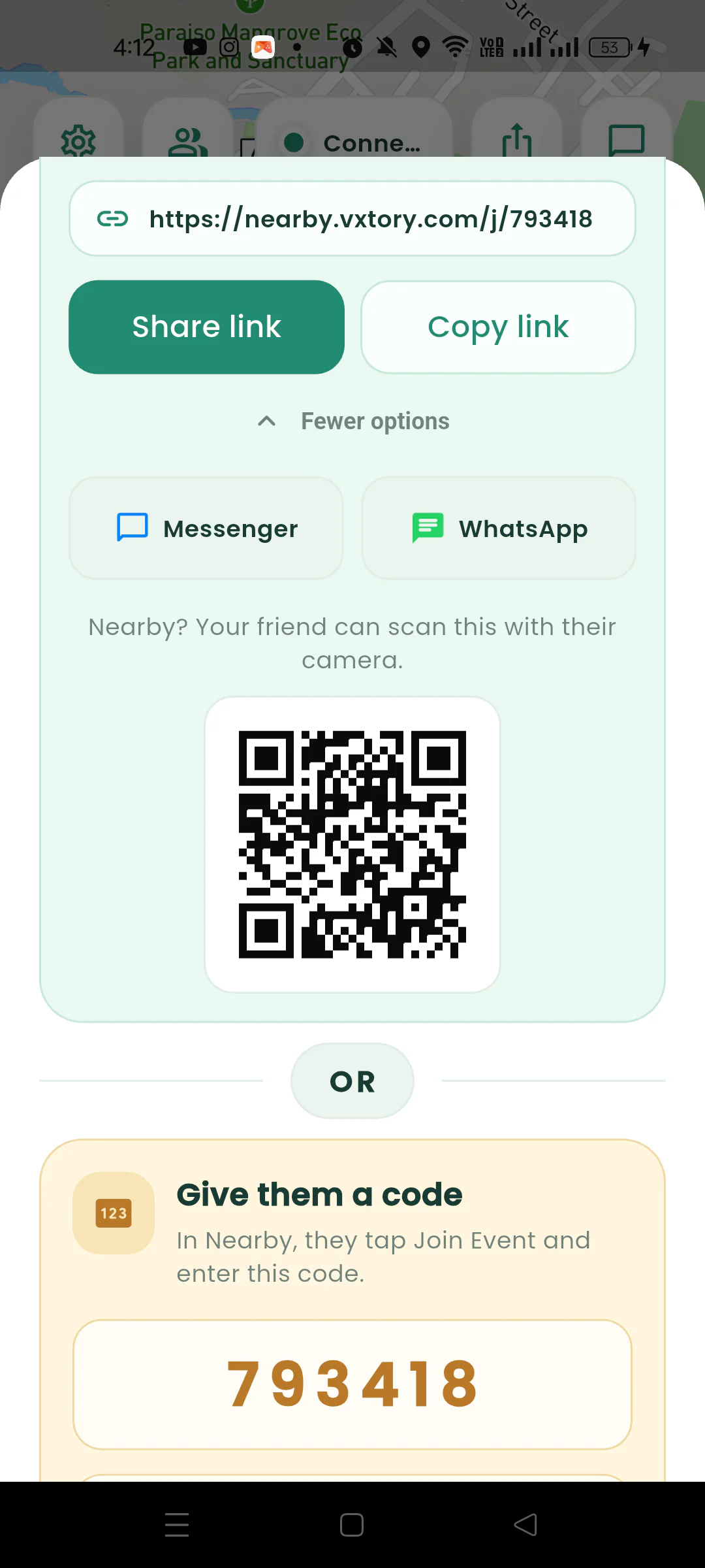 Nearby sharing options with Messenger, WhatsApp, and a meetup QR code.