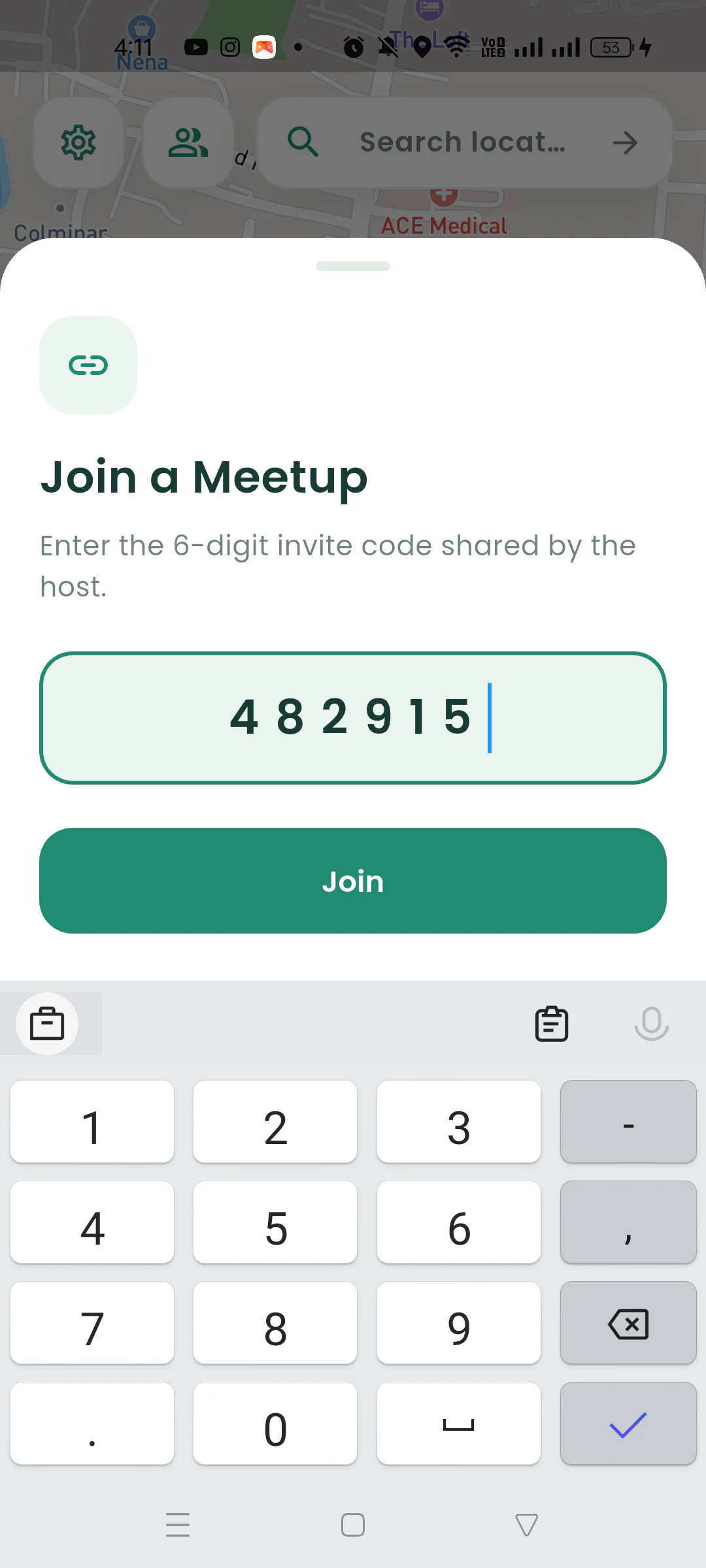 Nearby Join a Meetup sheet with a six-digit code and Join button.