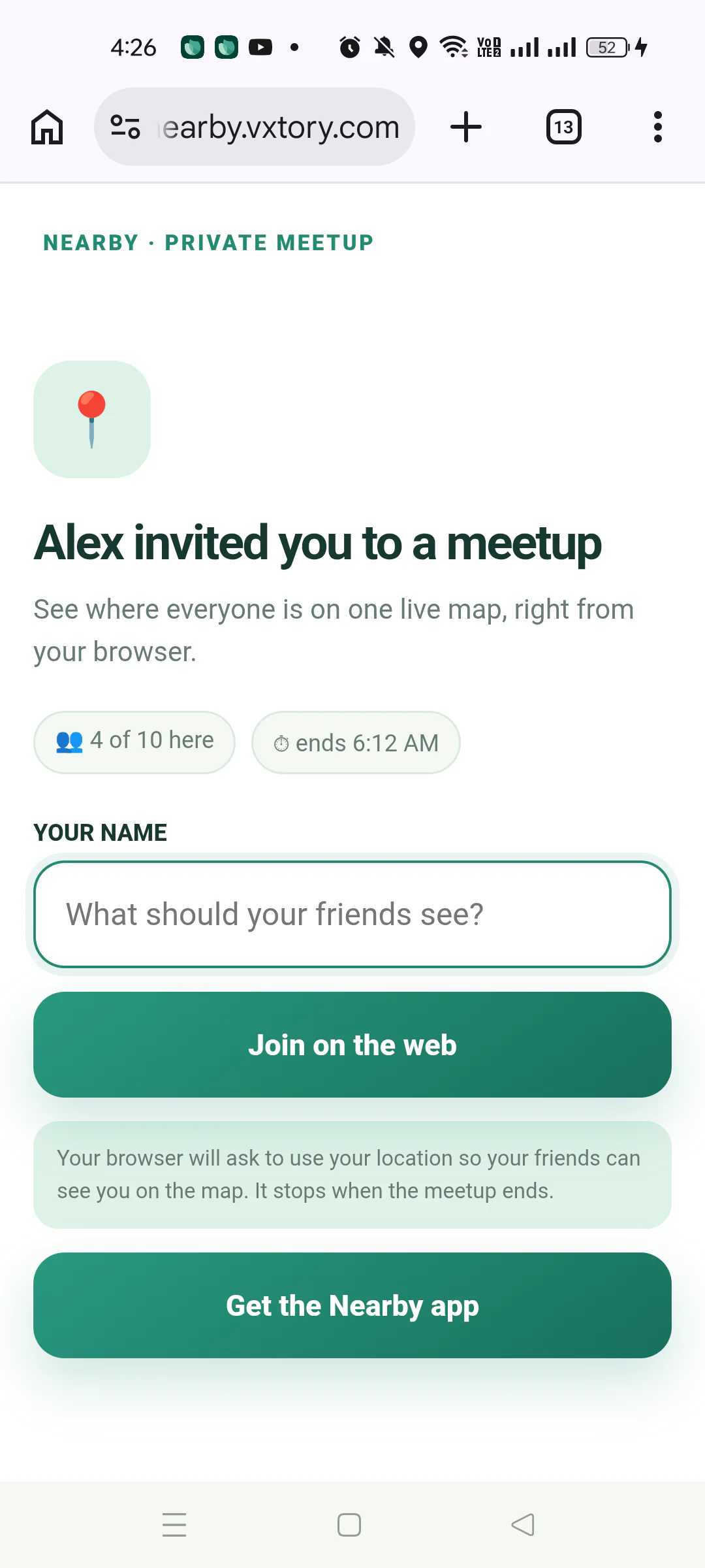 Nearby browser join page with a name field and Join on the web button.