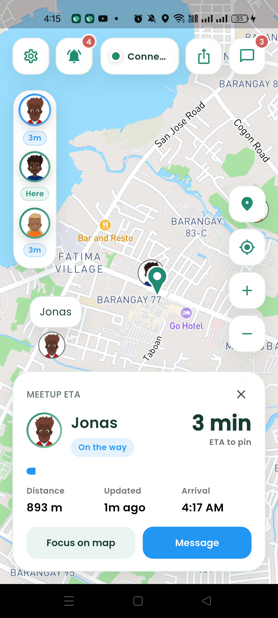 Nearby Meetup ETA card showing a friend three minutes from the pin.