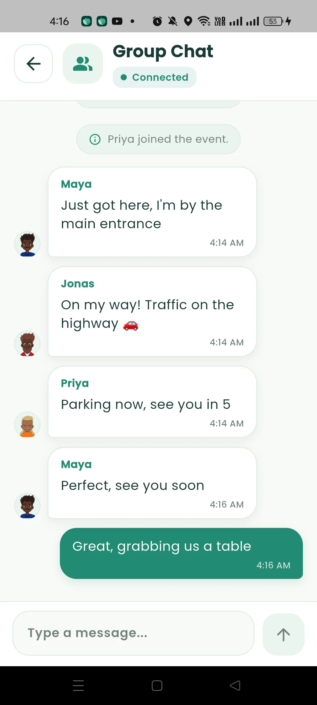 Nearby group chat with messages from several meetup members.