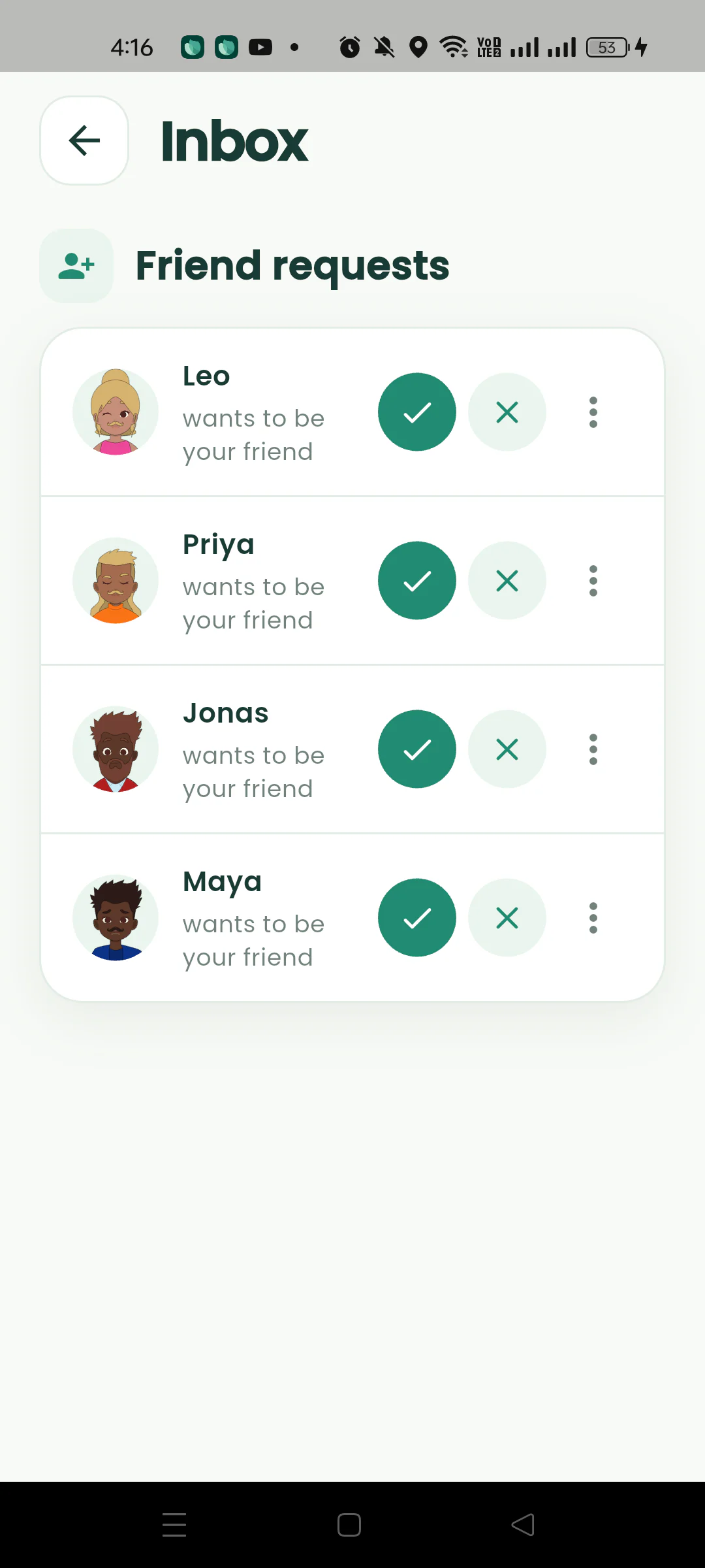 Nearby inbox showing four friend requests with accept and decline buttons.