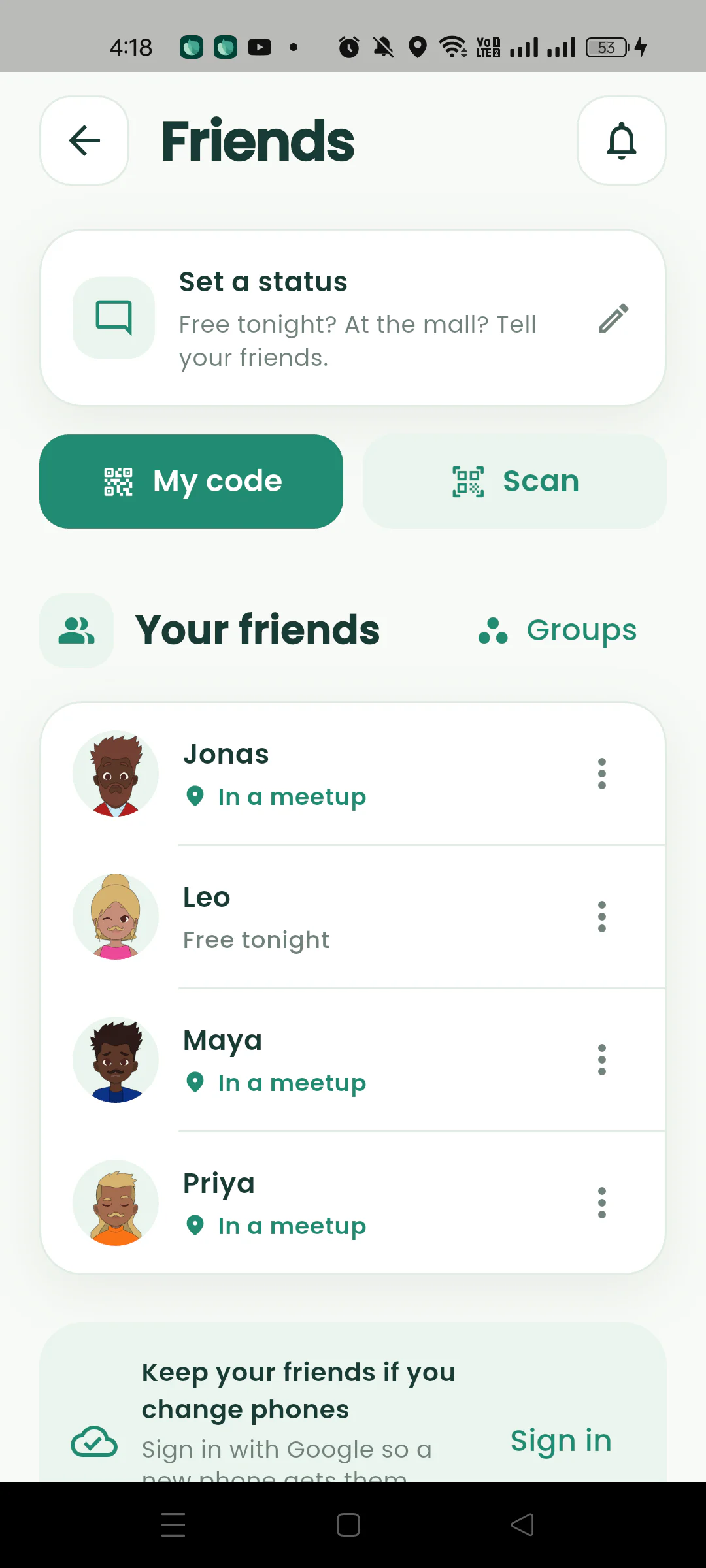 Nearby Friends page with status, friend code, scanner, and friend list.