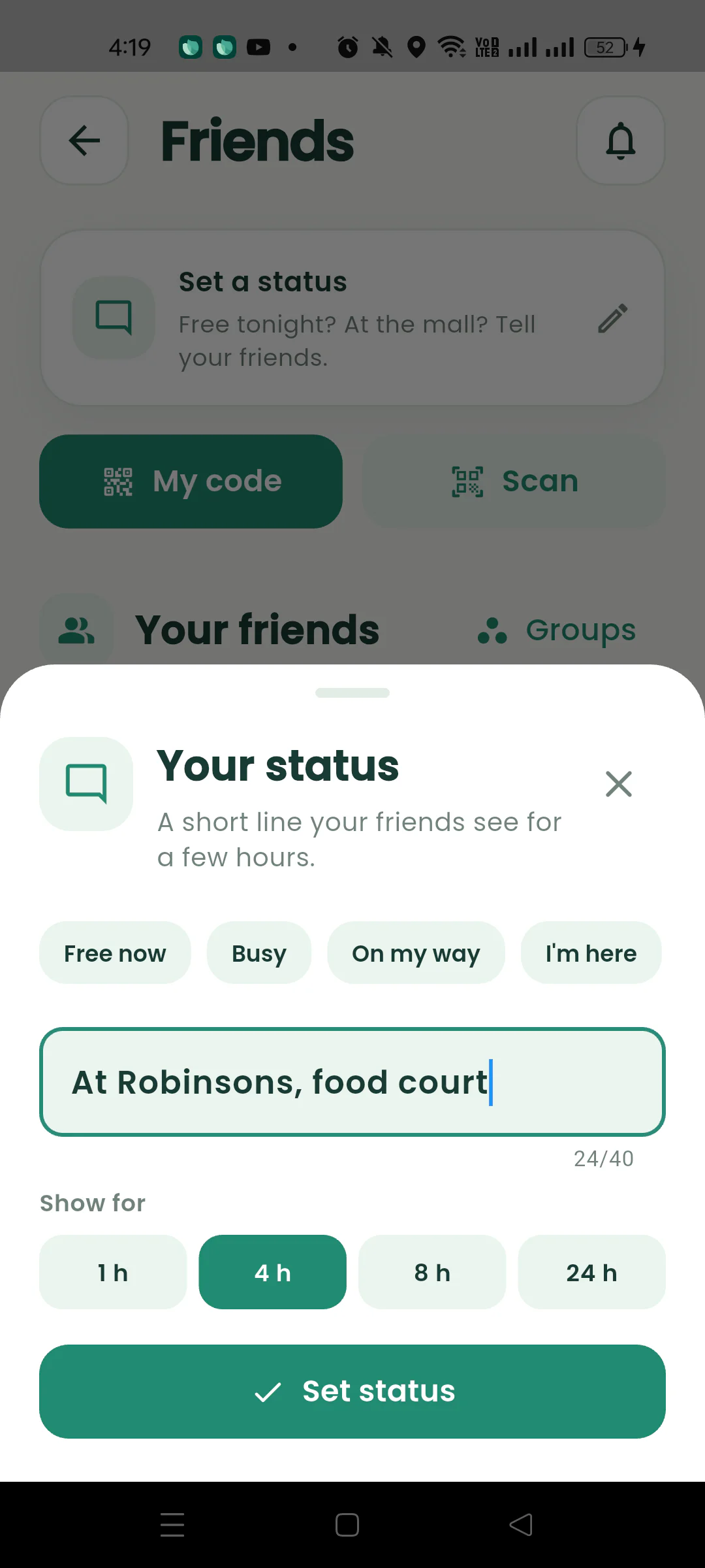 Nearby status sheet with quick choices, custom text, and duration options.