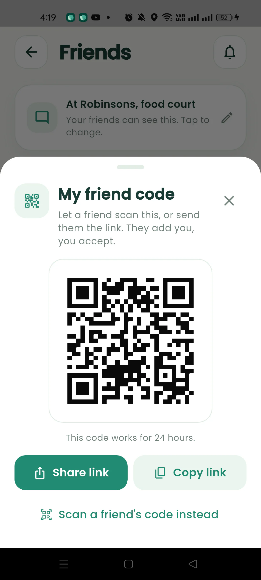 Nearby friend code sheet with a QR code and sharing controls.