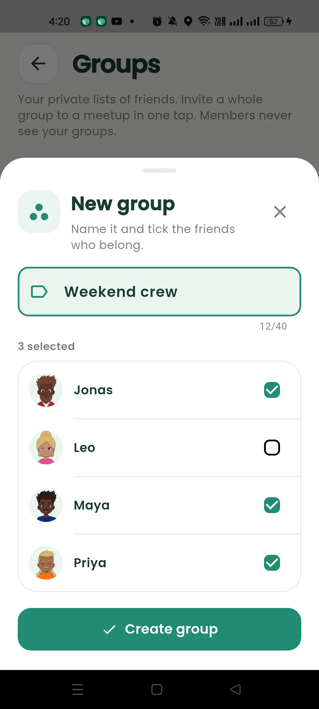 Nearby New group sheet with a group name and selected friends.