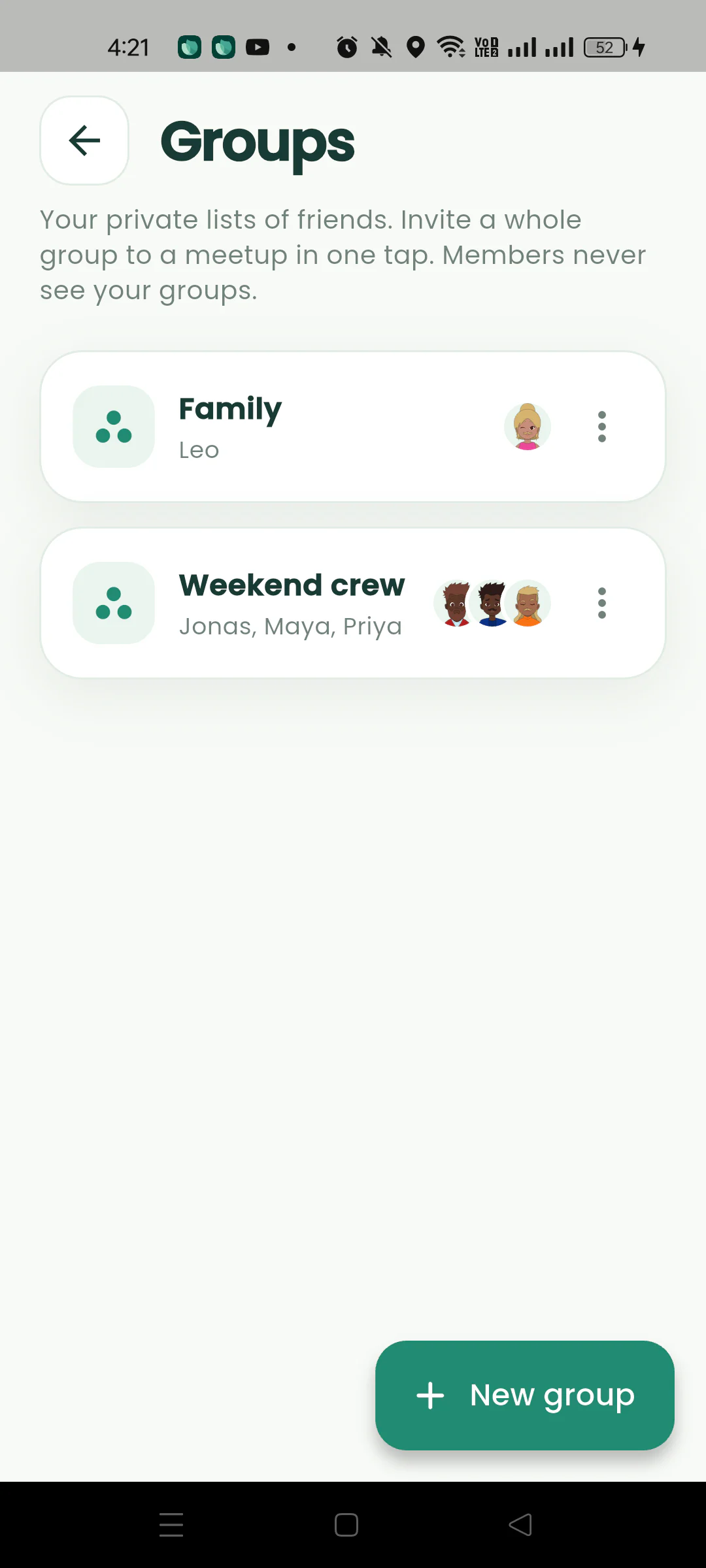 Nearby Groups page listing Family and Weekend crew.