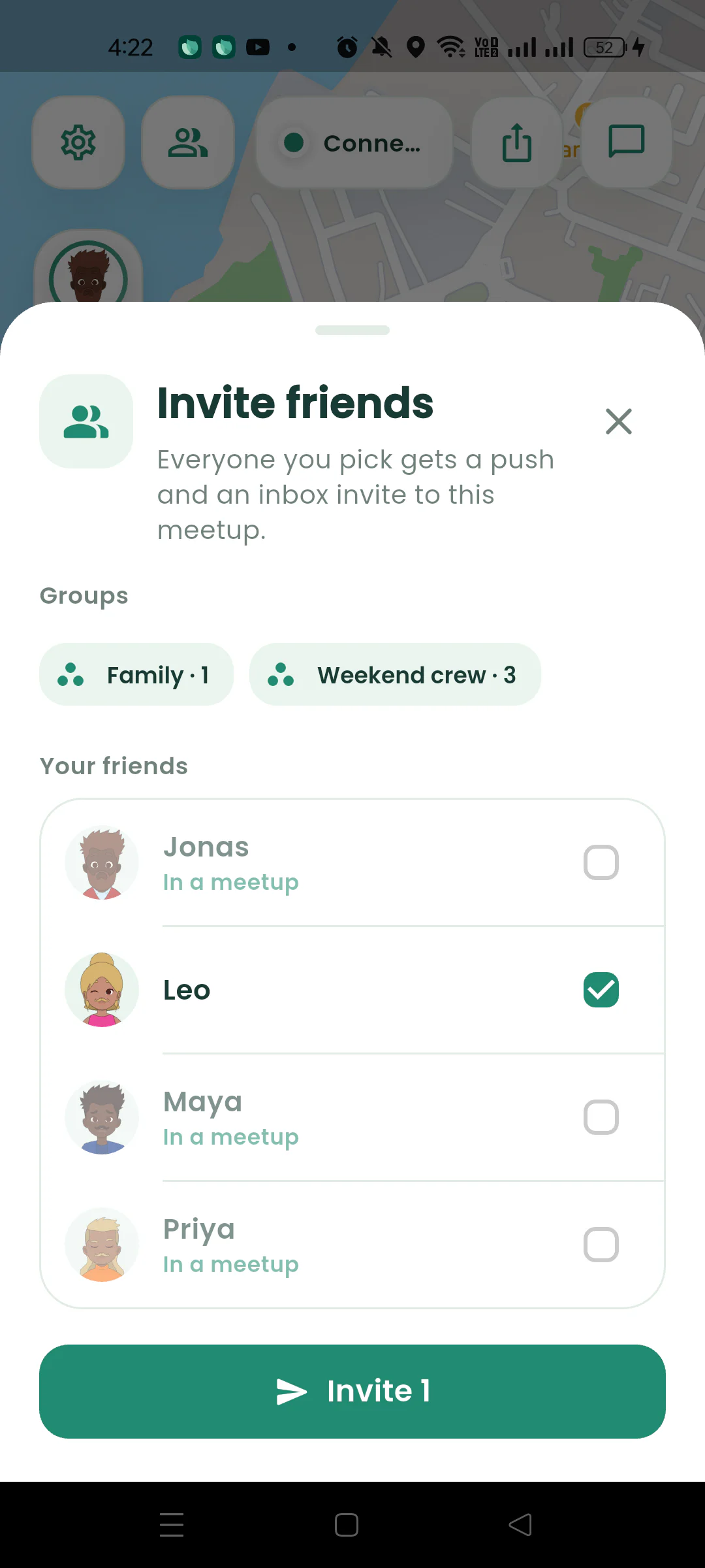 Nearby Invite friends sheet with group shortcuts and a selectable friend list.