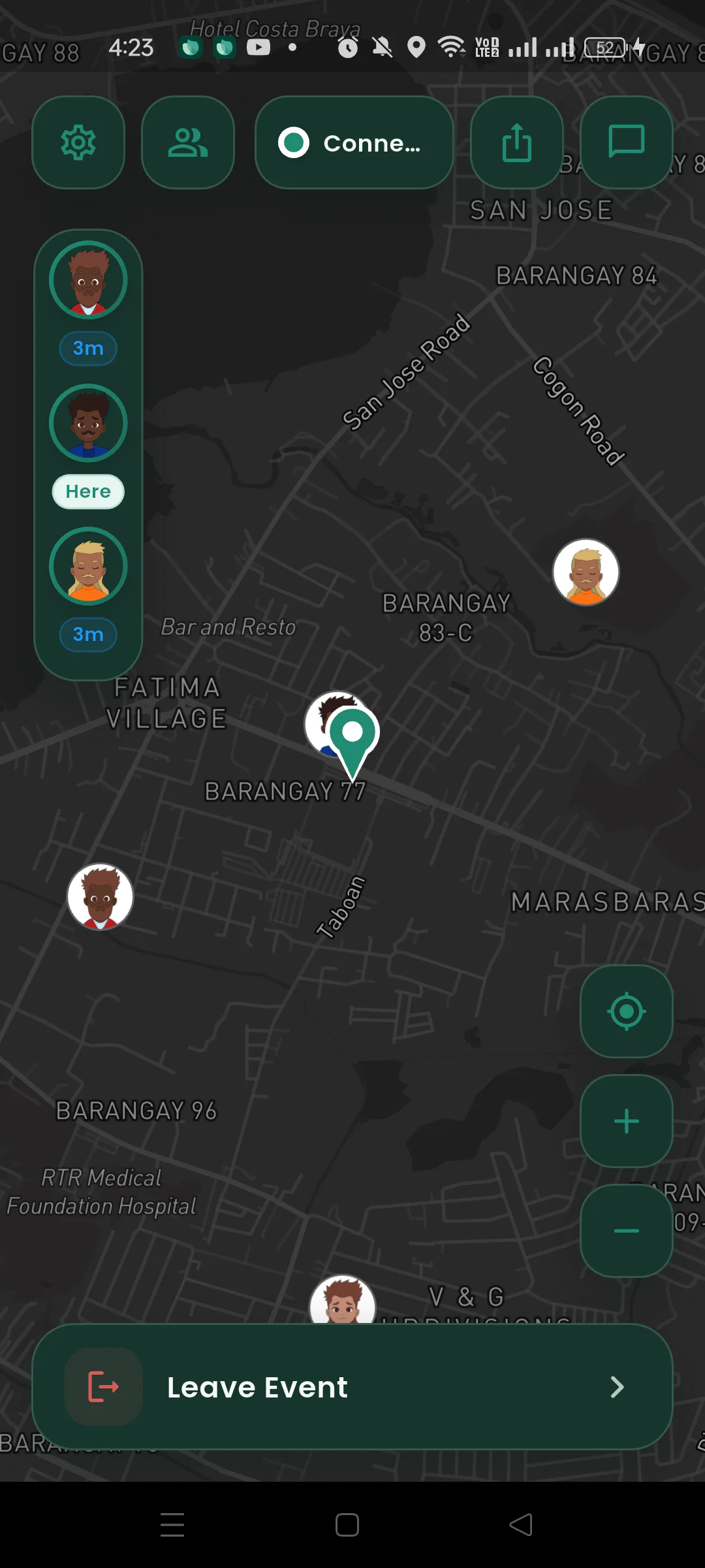 Nearby live meetup map displayed in dark mode.