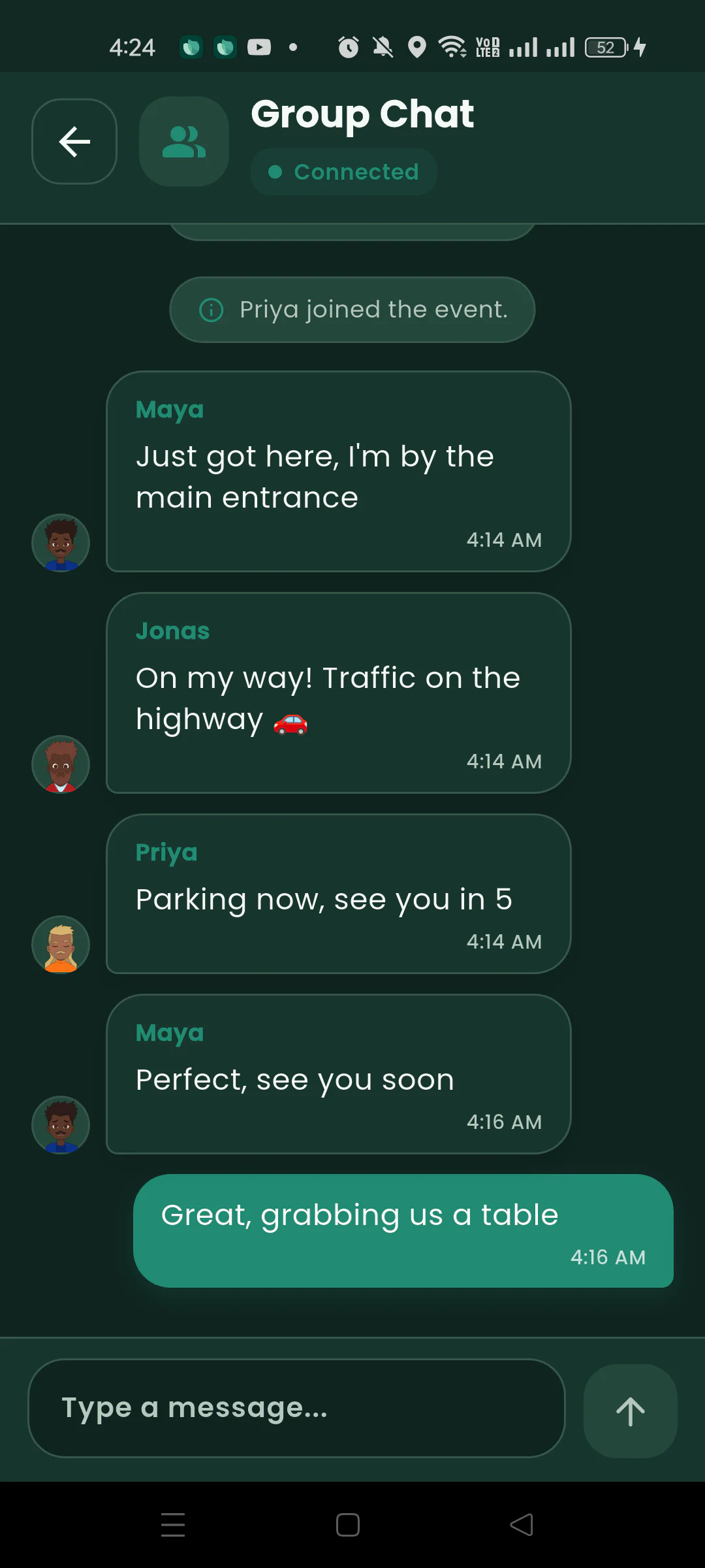 Nearby meetup group chat displayed in dark mode.