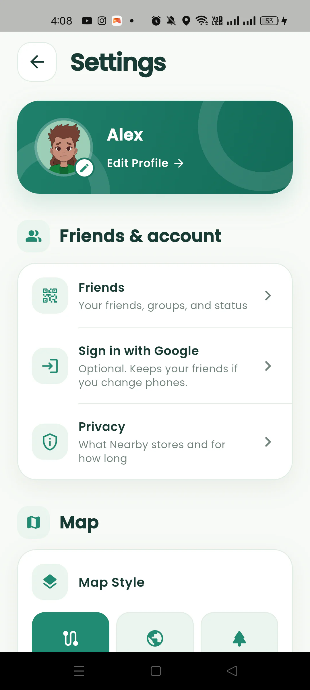 Nearby Settings page with profile, friends, Google sign-in, and privacy options.
