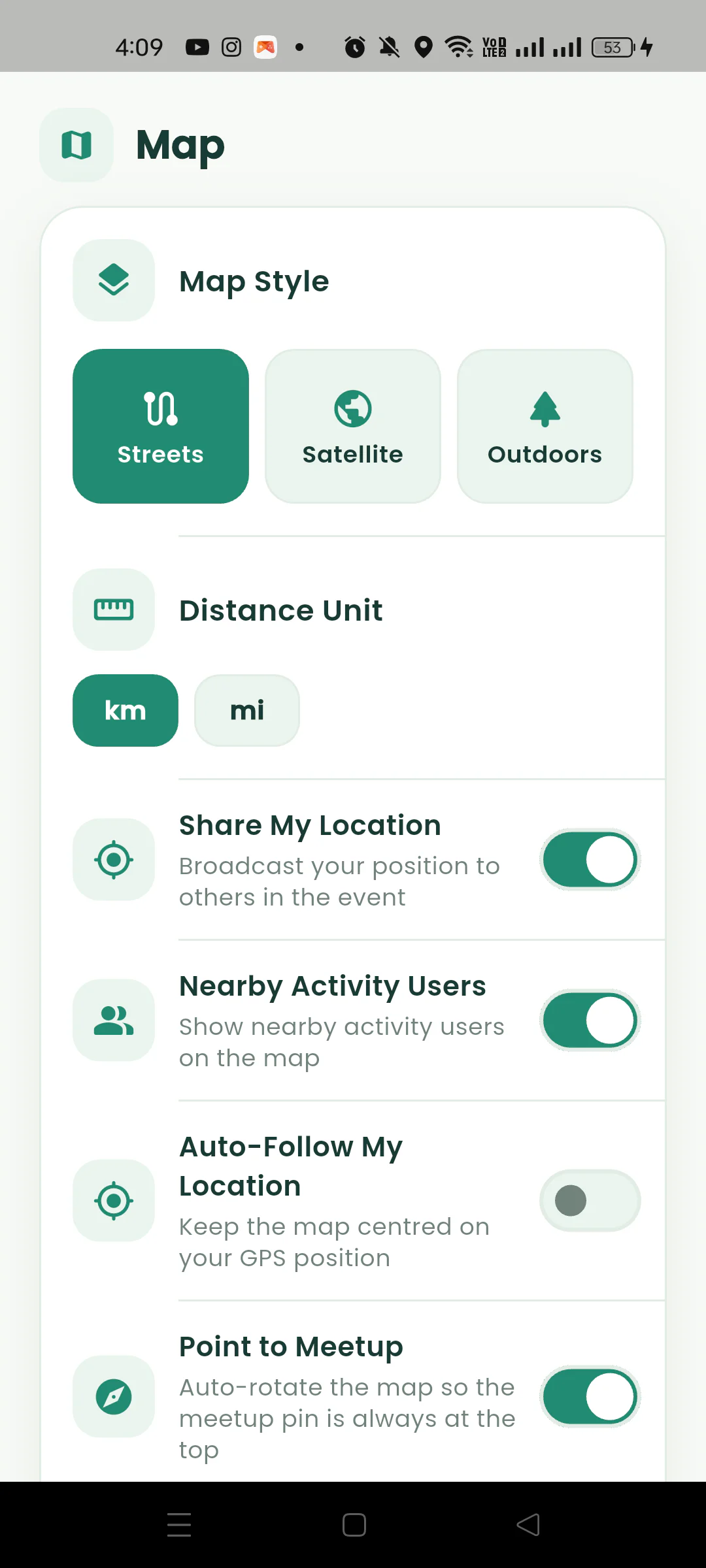 Nearby Map settings with style, units, location sharing, and auto-follow controls.