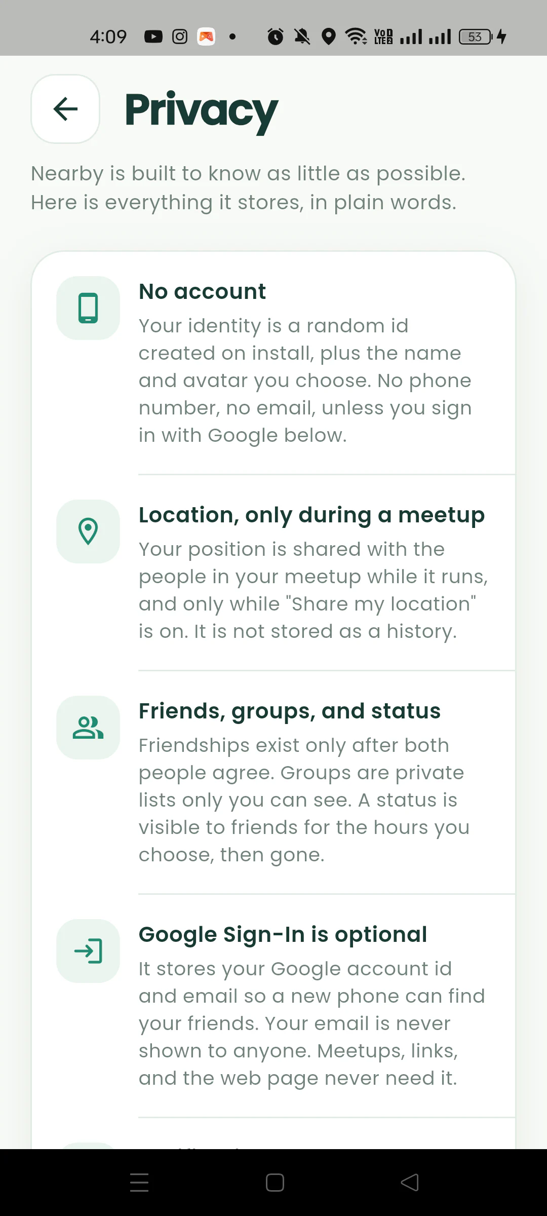 Nearby Privacy page explaining accounts, meetup location, friends, and sign-in.