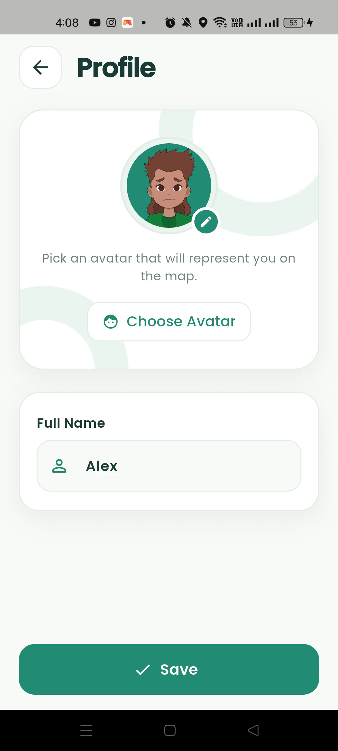Nearby Profile page with avatar selection and display name.