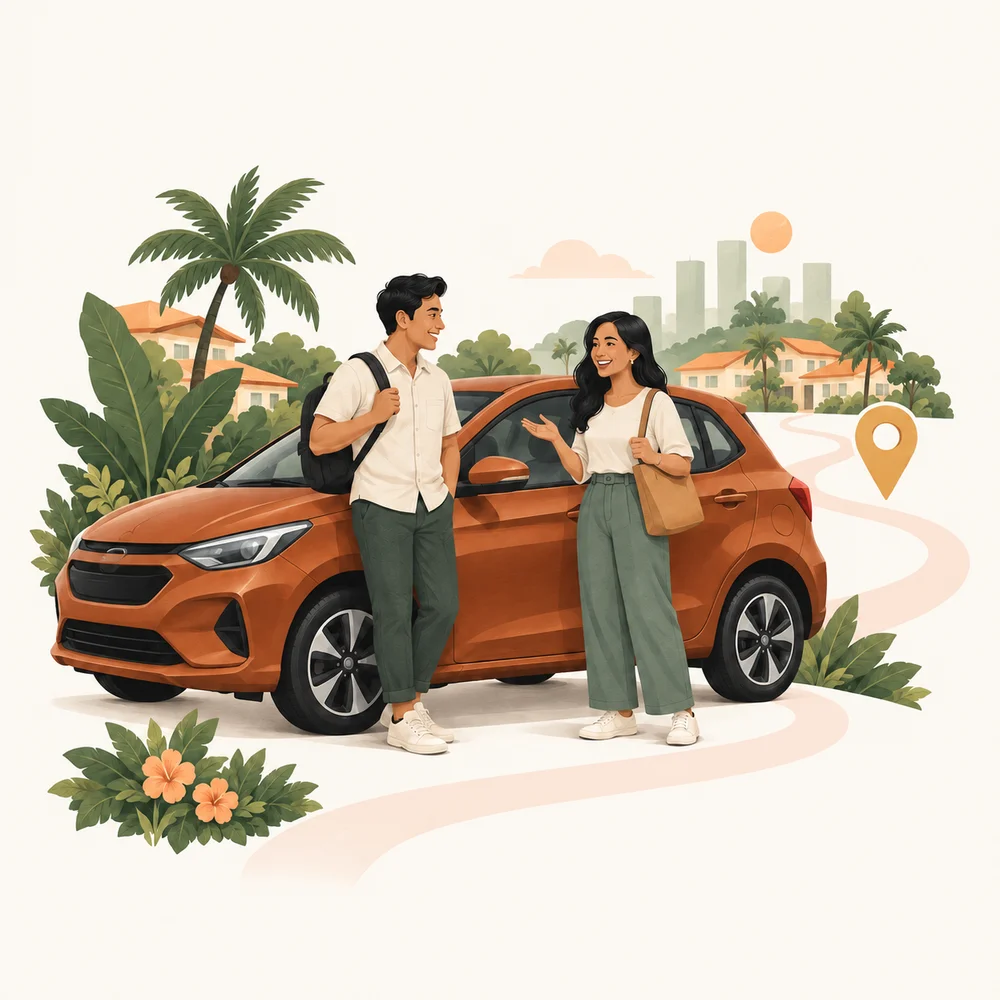 Two neighbours chatting beside an orange car, with a shared route through their neighbourhood